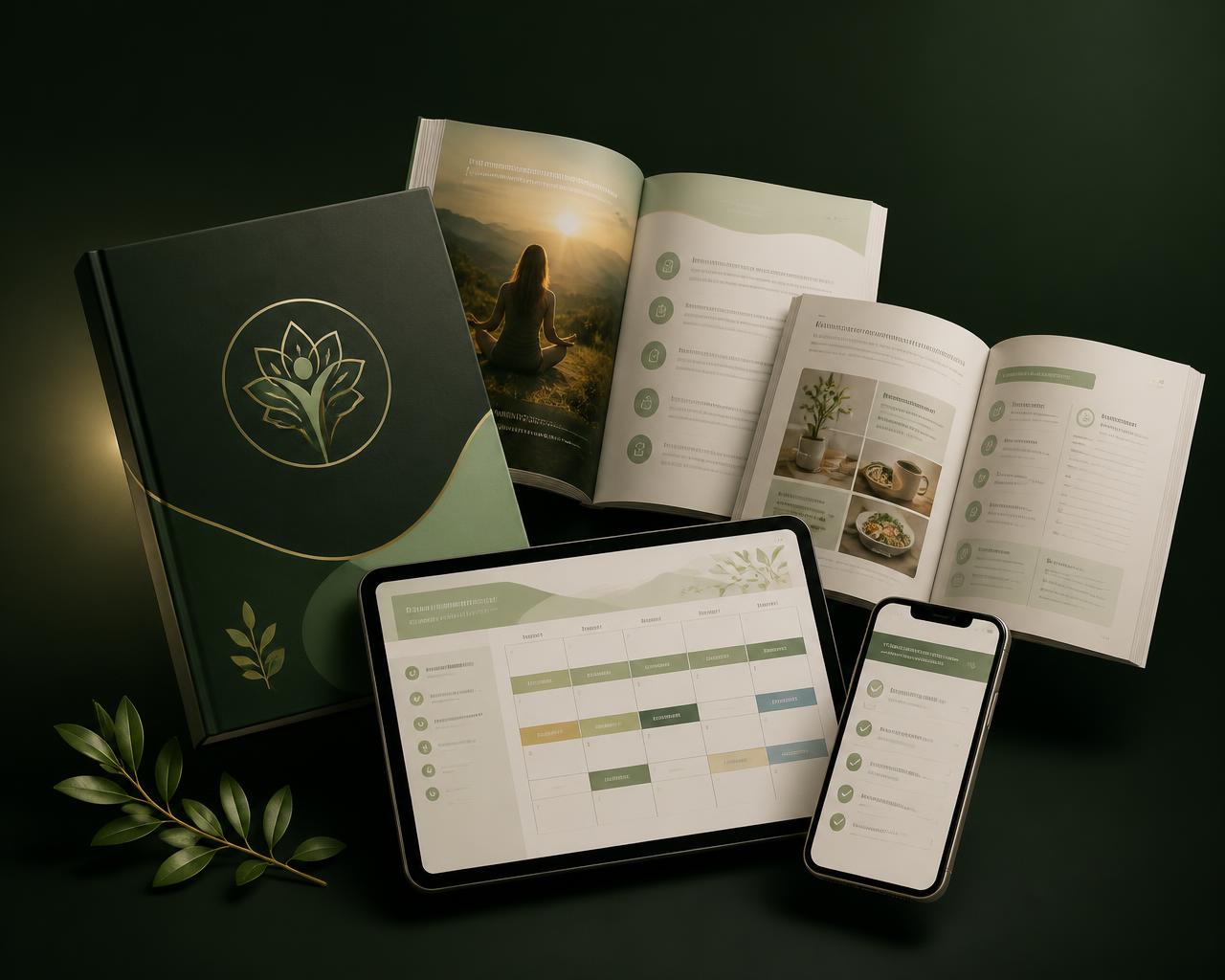 The Your Strongest Chapter program shown as a layered ecosystem: program guide, internal pages, tablet weekly planner and a phone checklist.